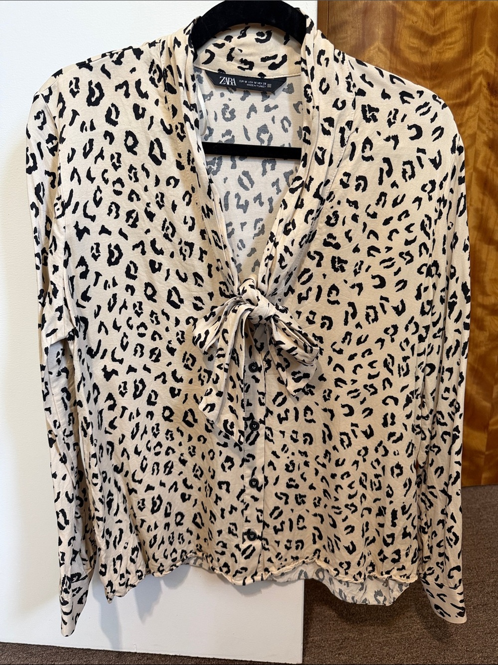 Zara Beige and Black Leopard Tie-Neck Blouse